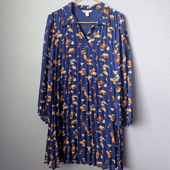 Women's Nine West Dress Midi Pleated with Collar Long Sleeve Royal Blue Pattern - Picture 3 of 8